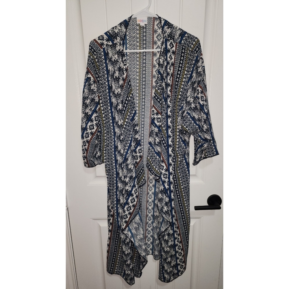 Lularoe Shirley kimono size large Navy blue yellow orange aztec cover up